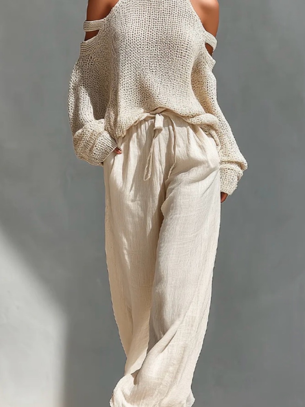 Neutral Cream Drawstring Linen Pants & matching sweater SET - Women